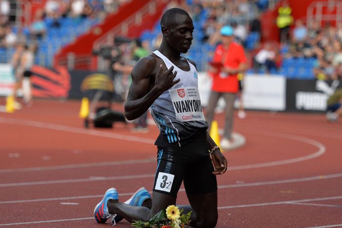 Emmanuel Wanyonyi of Kenya celebrate victory in 800 Metres Men at the World Athletics Continental Tour Golden Spike event in Ostrava in the Czech Republic.