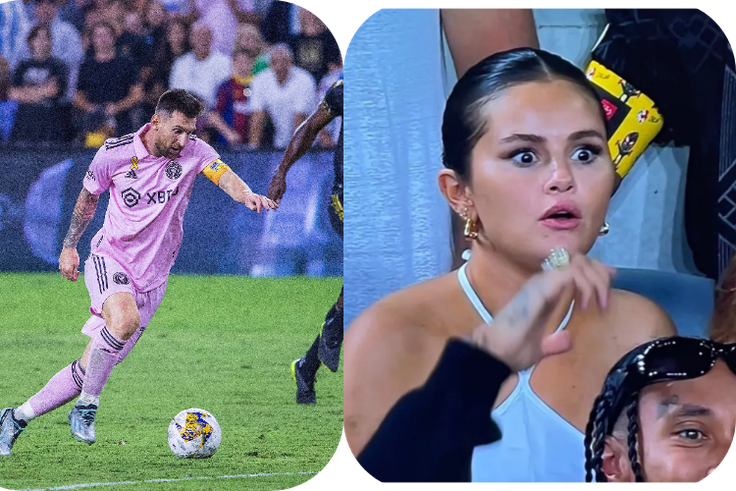 Selena Gomez reaction to Messi's chance saved || Photo Credit: The Sun and Imago || Created by Stephen