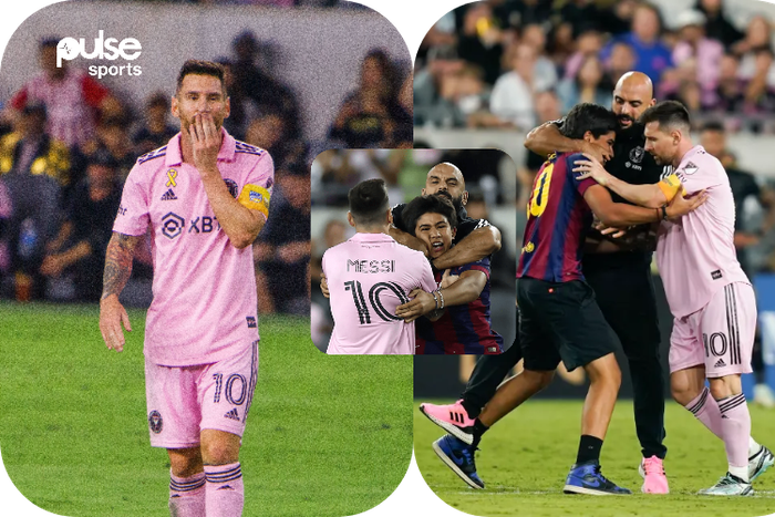 Messi's bodyguard saves him from pitch invader || Photo Credit: The Sun and Imago || Created by Stephen