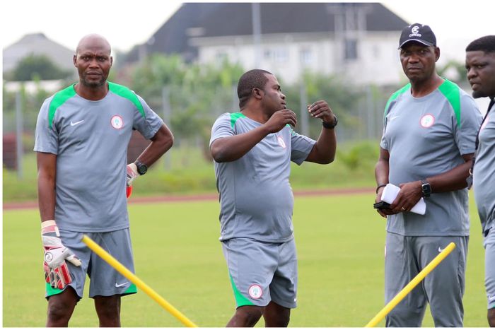 Augustine Eguavoen led Super Eagles coaches in training in Uyo.