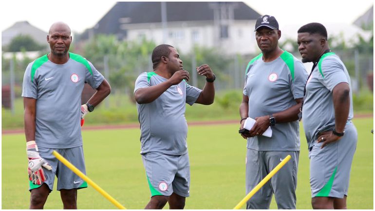 Augustine Eguavoen led Super Eagles coaches in training in Uyo.