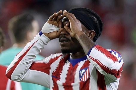 Ademola Lookman celebrates his goal for Atletico Madrid.