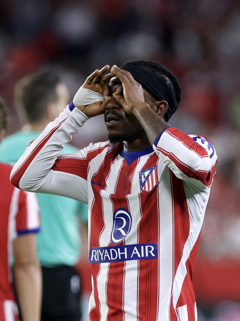 Ademola Lookman celebrates his goal for Atletico Madrid.