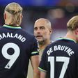 Pep Guardiola pictured with Kevin De Bruyne and Erling Haaland (Credit: Imago)