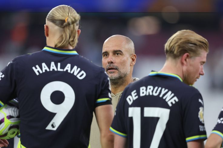 Pep Guardiola pictured with Kevin De Bruyne and Erling Haaland (Credit: Imago)