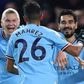 Riyad Mahrez celebrates after scoring for Manchester City against Chelsea