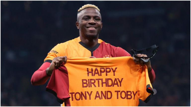 Victor Osimhen celebrates at the Rams Park with a special shirt!