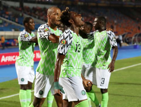 Samuel Chukwueze celebrates his opener for Nigeria.