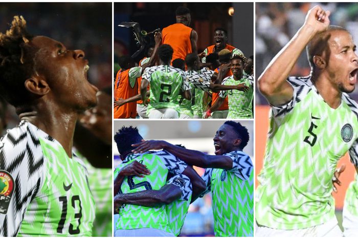 Super Eagles players celebrate the win against South Africa in the quarterfinal at the AFCON 2019.