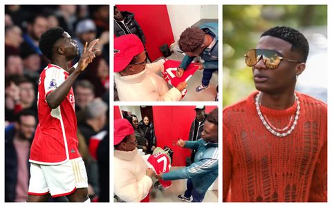 Star boy meets Star boy: Wizkid links up with Saka after Arsenal’s win over Liverpool at the Emirates