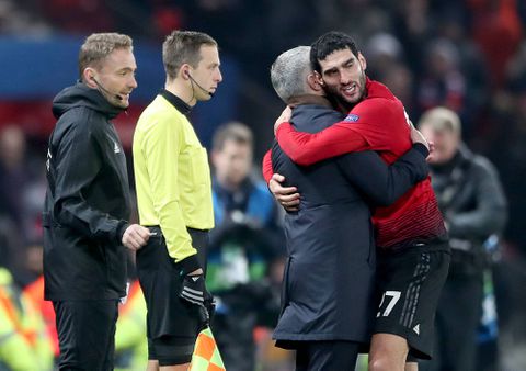Marouane Fellaini (right) celebrates scoring a goal with manager Jose Mourinho || Image credit: Imago