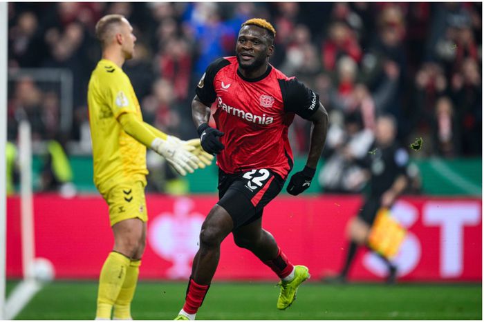 Leverkusen's hero Victor Boniface wheels off.