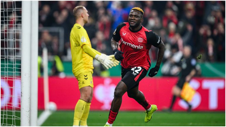 Leverkusen's hero Victor Boniface wheels off.