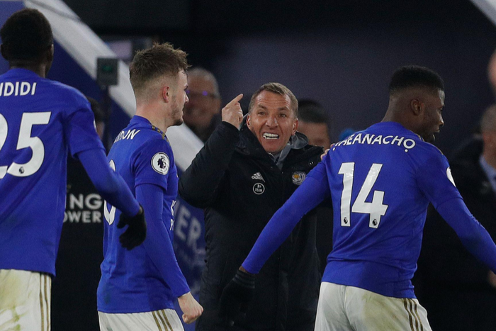Brendan Rodgers with Ndidi, Iheanacho and Maddison