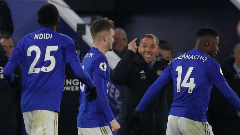 Brendan Rodgers with Ndidi, Iheanacho and Maddison