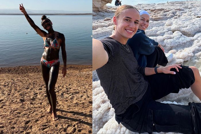 Super Falcons star Ashleigh Plumptre visits Red Sea and the baptismal site of Jesus on break from Al-Ittihad.