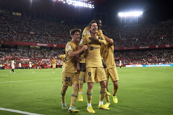 Barcelona players celebrate together