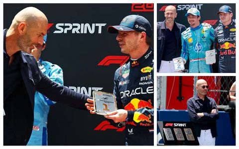 Real Madrid's legendary manager Zinedine Zidane presents award to Formula One superstar Max Verstappen