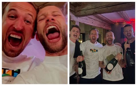 Harry Kane celebrates winning first trophy with Bayern Munich players and ex-Tottenham team-mate