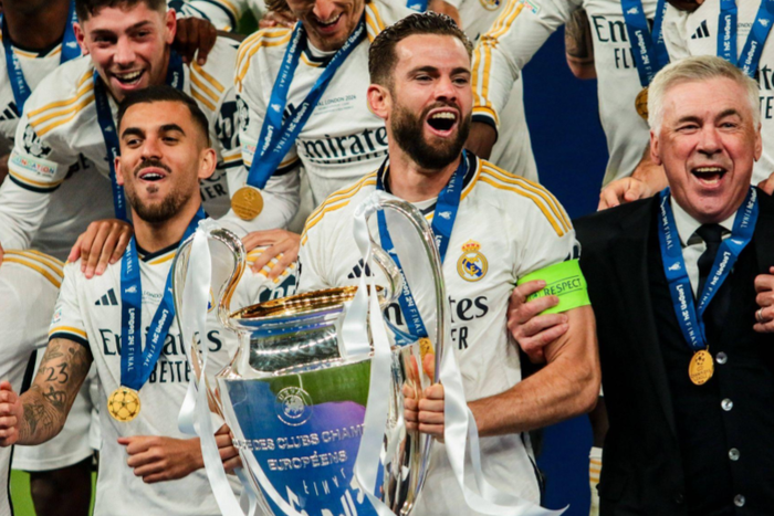 Nacho Fernandez of Real Madrid and Carlo Ancelotti coach of Real Madrid during Final - Borussia Dortmund vs Real Madrid, UEFA Champions League football match in London, England, June 01 2024 || Image credit: Imago