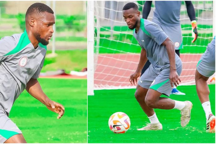 Ibrahim Olawoyin on the move in Super Eagles training in Uyo.