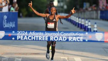 Sawe reacts after edging out Ebenyo in Atlanta Journal-Constitution Peachtree road race