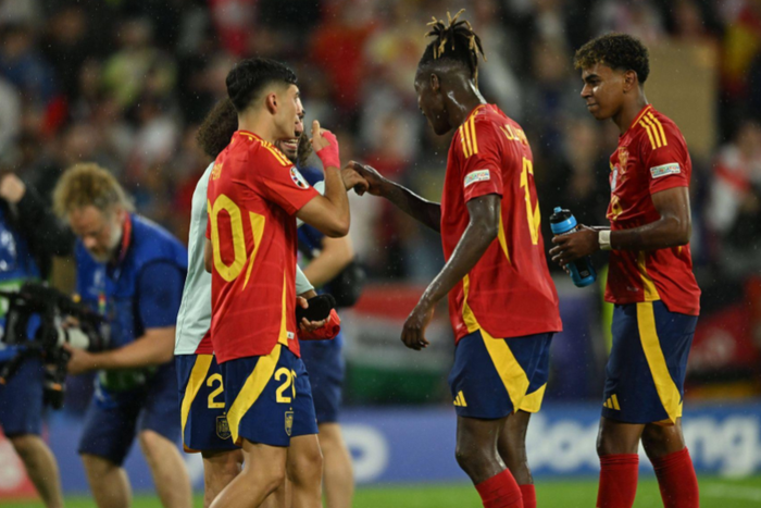 Pedri Gonzalez Lopez (Spain)Marc Cucurella (Spain)Nico Williams (Spain)Lamine Yamal (Spain) during the UEFA EURO, EM, Europameisterschaft,Fussball Germany 2024 || Image credit: Imago