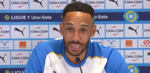 Pierre-Emerick Aubameyang speaking to the media during his unveiling as a Marseille player | Twitter