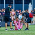 Inter Miami forward Lionel Messi (10) is helped to his feet after sustaining an injury in the first half during a Leagues Cup soccer match between Inter Miami CF and Necaxa (Photo by Chris Arjoon Icon Sportswire)