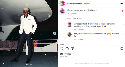 Victor Osimhen sparked wedding buzz with his latest post on Instagram