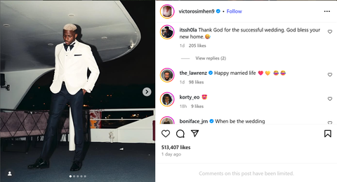 Victor Osimhen sparked wedding buzz with his latest post on Instagram