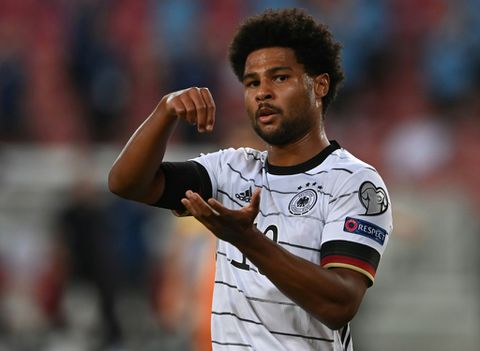 Germany winger Serge Gnabry celebrates with his stirring gesture after two goals in Sunday's 5-0 thrashing of Armenia | Serge Gnabry