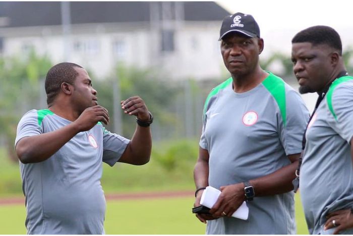 Interim Super Eagles boss Augustine Eguavoen and his backroom staff.