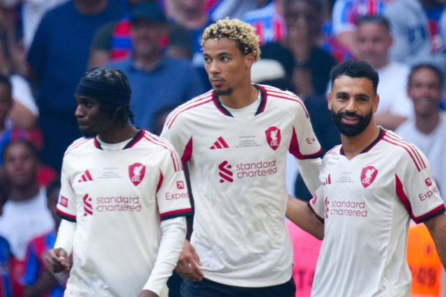Hugo Ekitike of Liverpool celebrates scoring the opening goal with Jeremie Frimpong and Mohamed Salah || Image credit: Imago
