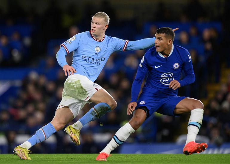 Chelsea v Manchester City - Premier League - Stamford Bridge Manchester City s Erling Haaland tries to get away from Thiago Silva during the Premier League match against Chelsea.