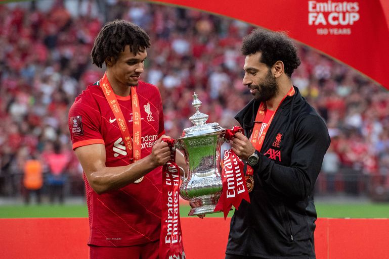 LONDON, ENGLAND - MAY 14: Trent Alexander-Arnold, Mohamed Salah of Liverpool lifts the FA Cup