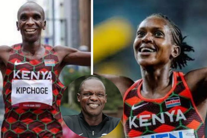 Patrick Sang coaches Eliud  Kipchoge and Faith Kipyegon.