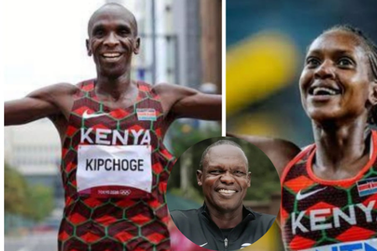 Patrick Sang coaches Eliud  Kipchoge and Faith Kipyegon.