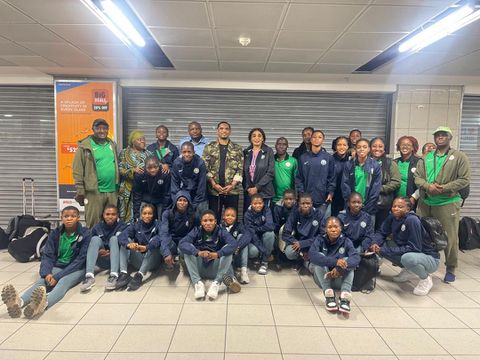 Nigeria's U-17 girls known as the Flamingos kneel to greet Cameroon legend Samuel Eto’o as they arrive South Africa for qualifiers.