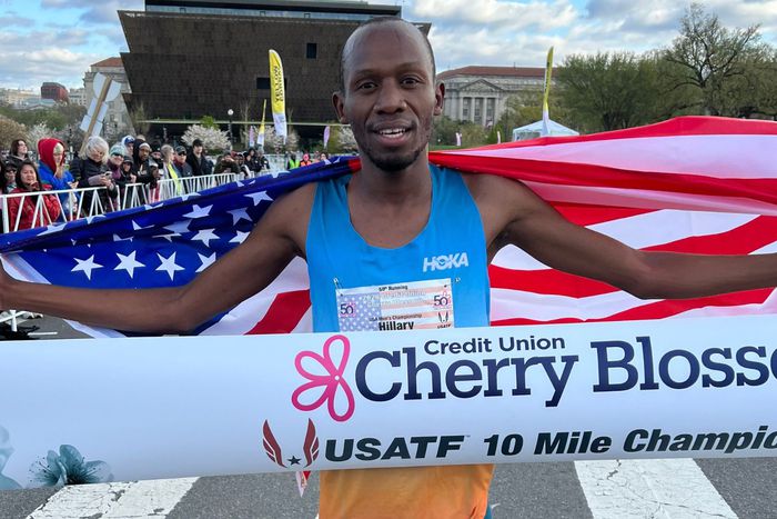 Hillary Bor after winning the USATF men's division 10 mile race