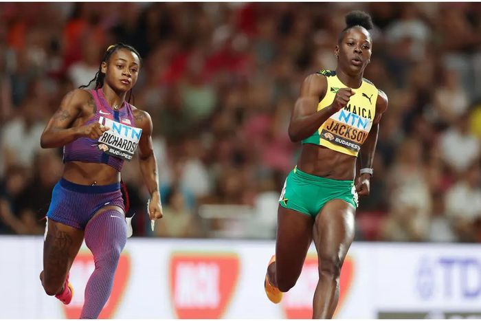 Sha'Carri Richardson and Shericka Jackson at the 2023 World Championships in Budapest.