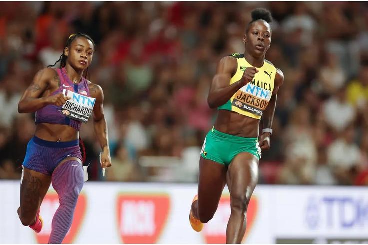 Sha'Carri Richardson and Shericka Jackson at the 2023 World Championships in Budapest.