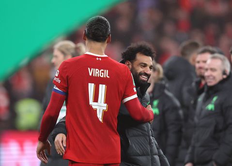Van Dijk and Salah after Liverpool's Carabao Cup success over Chelsea