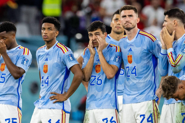 Qatar 2022 Ansu Fati (ESP), Jose Gaya (ESP), Pedri (ESP), Aymeric Laporte (ESP), Alvaro Morata (ESP), Marcos Llorente (ESP) during the World Cup match between Morocco v Spain || Image credit: Imago