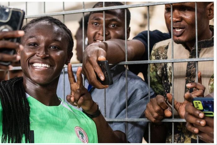 England-born star Rinsola Babajide celebrates Super Falcons of Nigeria victory against South Africa with fans.