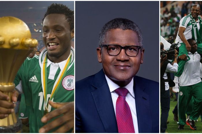 Aliko Dangote (middle) owes Mikel Obi and other Super Eagles stars for their AFCON 2013 win.