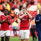 City Ground Nottingham Forest manager Nuno Espirito Santo (right) walks around the pitch with Taiwo Awoniyi (left) and Chris Wood (centre) as they applaud the fans after the Premier League || Image credit: Imago
