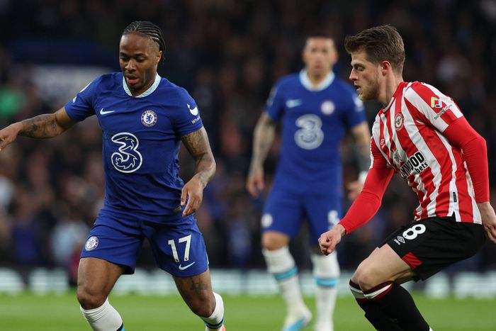 Raheem Sterling of Chelsea in action against Brentford.