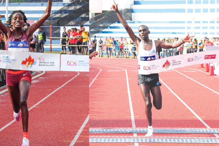 Irene Cheptai (L) and Nicholas Kimeli (R) cut the tape at the 2022 World 10k Bengaluru