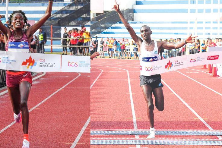 Irene Cheptai (L) and Nicholas Kimeli (R) cut the tape at the 2022 World 10k Bengaluru